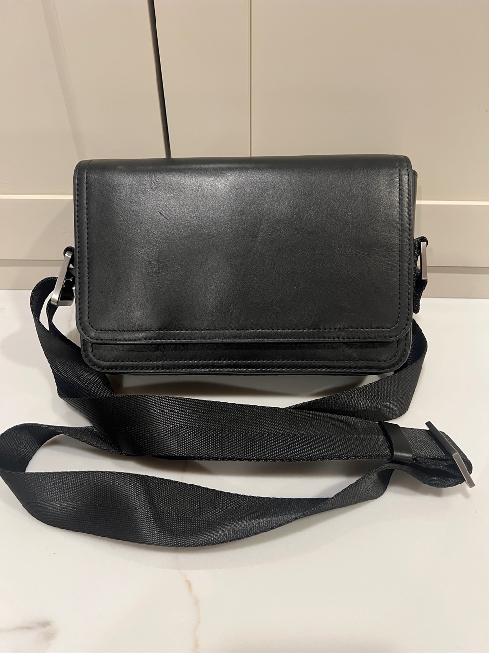 COS Black Leather Messenger Bag with Adjustable Strap